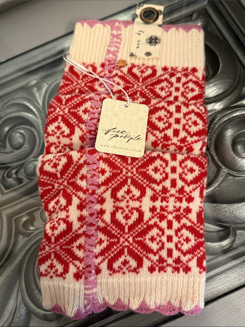 Free People One Leg Warmers Red Cream & Pink Fair Isle Knit